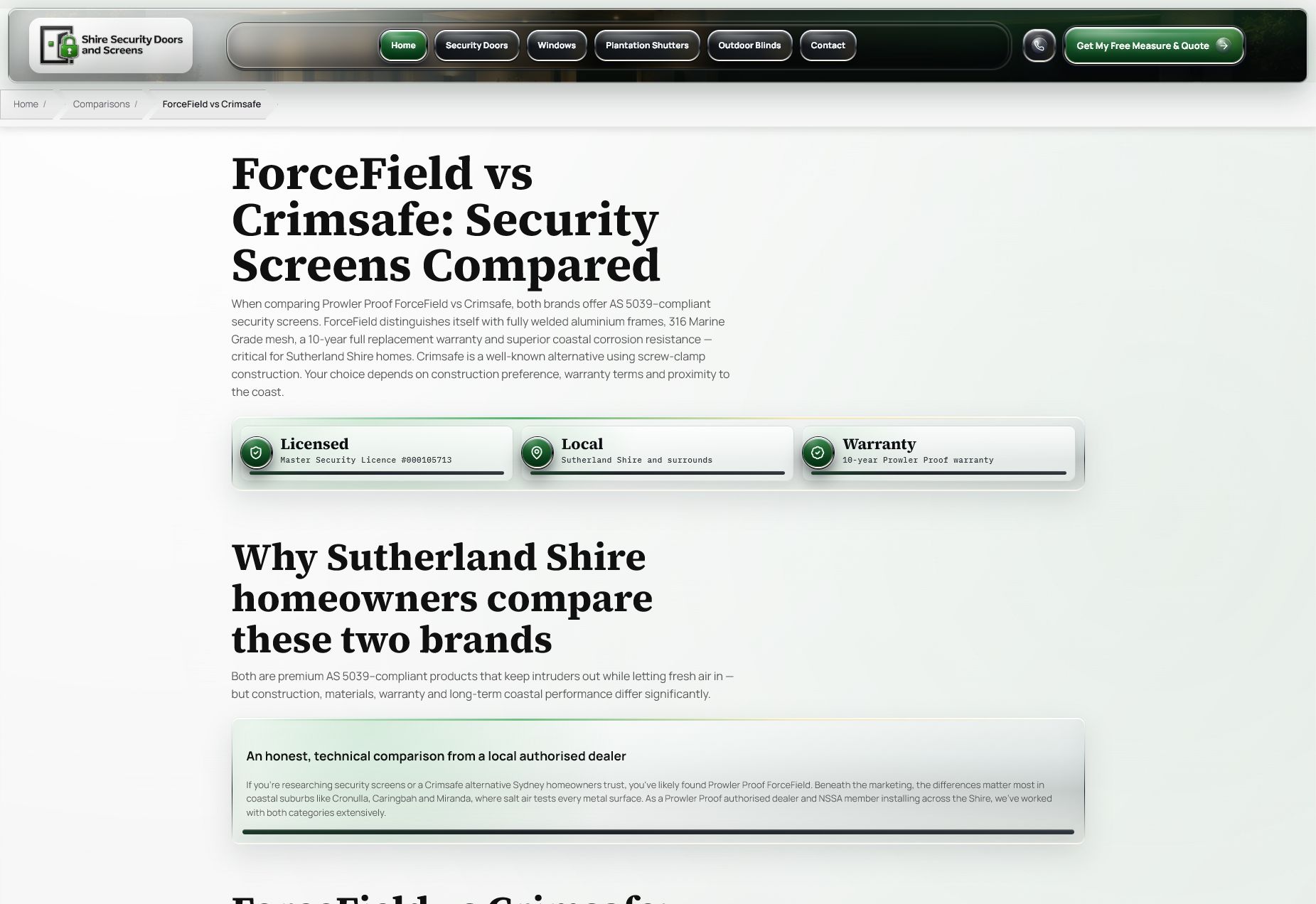 ForceField versus Crimsafe comparison page on the Shire Security website.