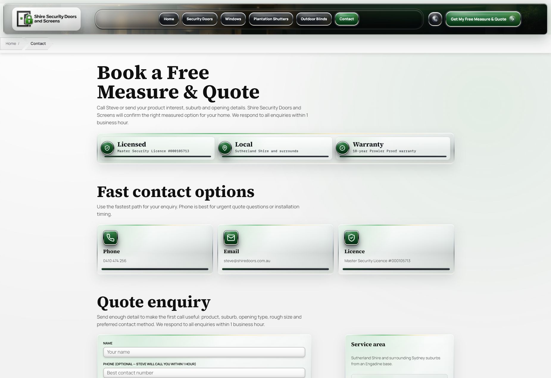 Shire Security Doors and Screens contact page.