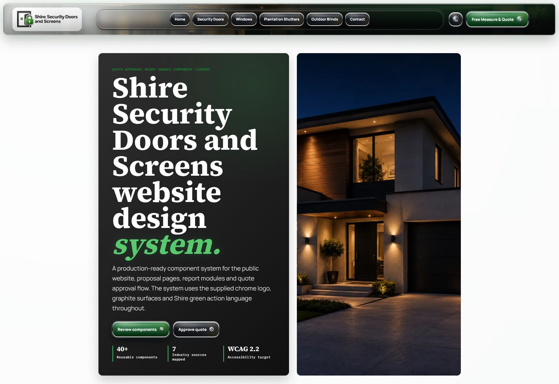 Shire Security Doors and Screens design system page showing the shared component library and chrome navigation system.