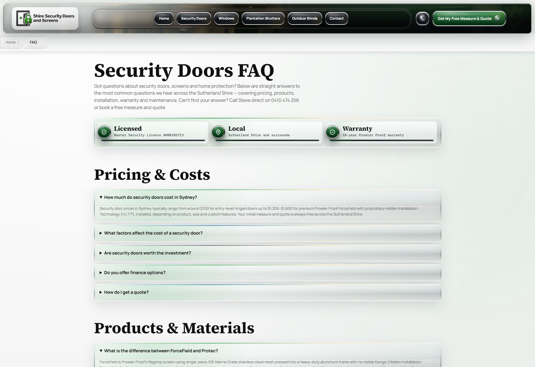 Shire Security Doors and Screens FAQ page.