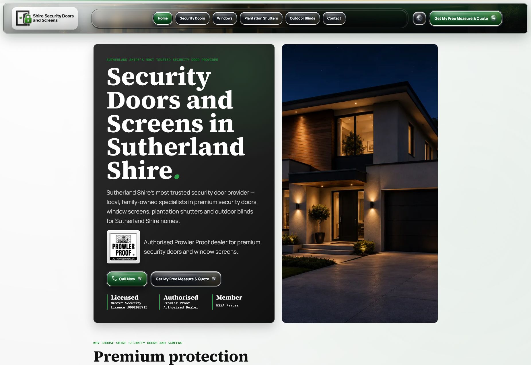 Shire Security Doors and Screens homepage with graphite hero, house image, Prowler Proof badge and quote actions.