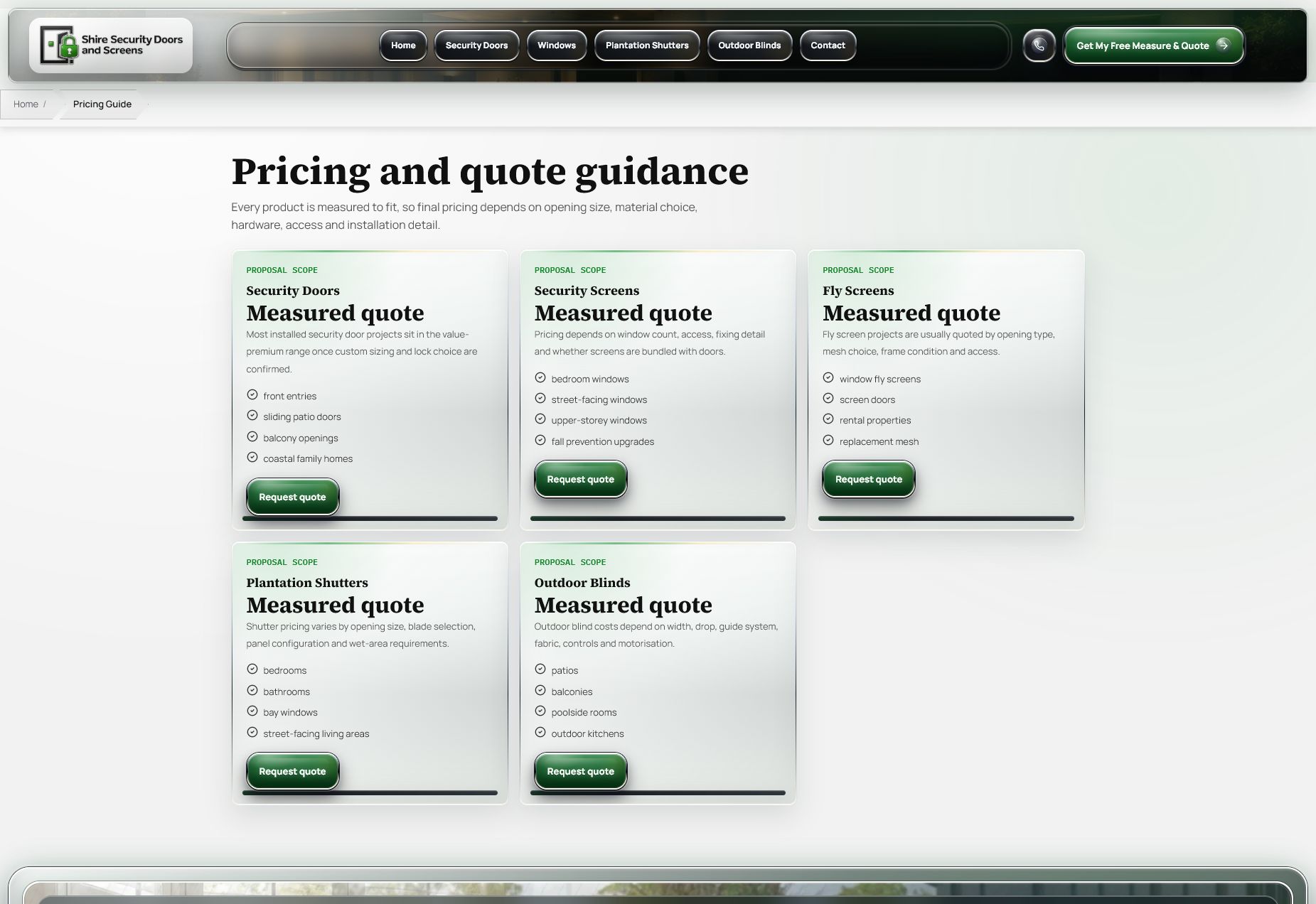 Shire Security Doors and Screens pricing guide page.