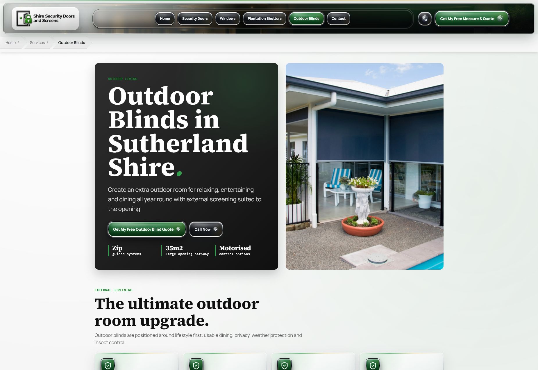 Outdoor Blinds service page for Shire Security Doors and Screens.
