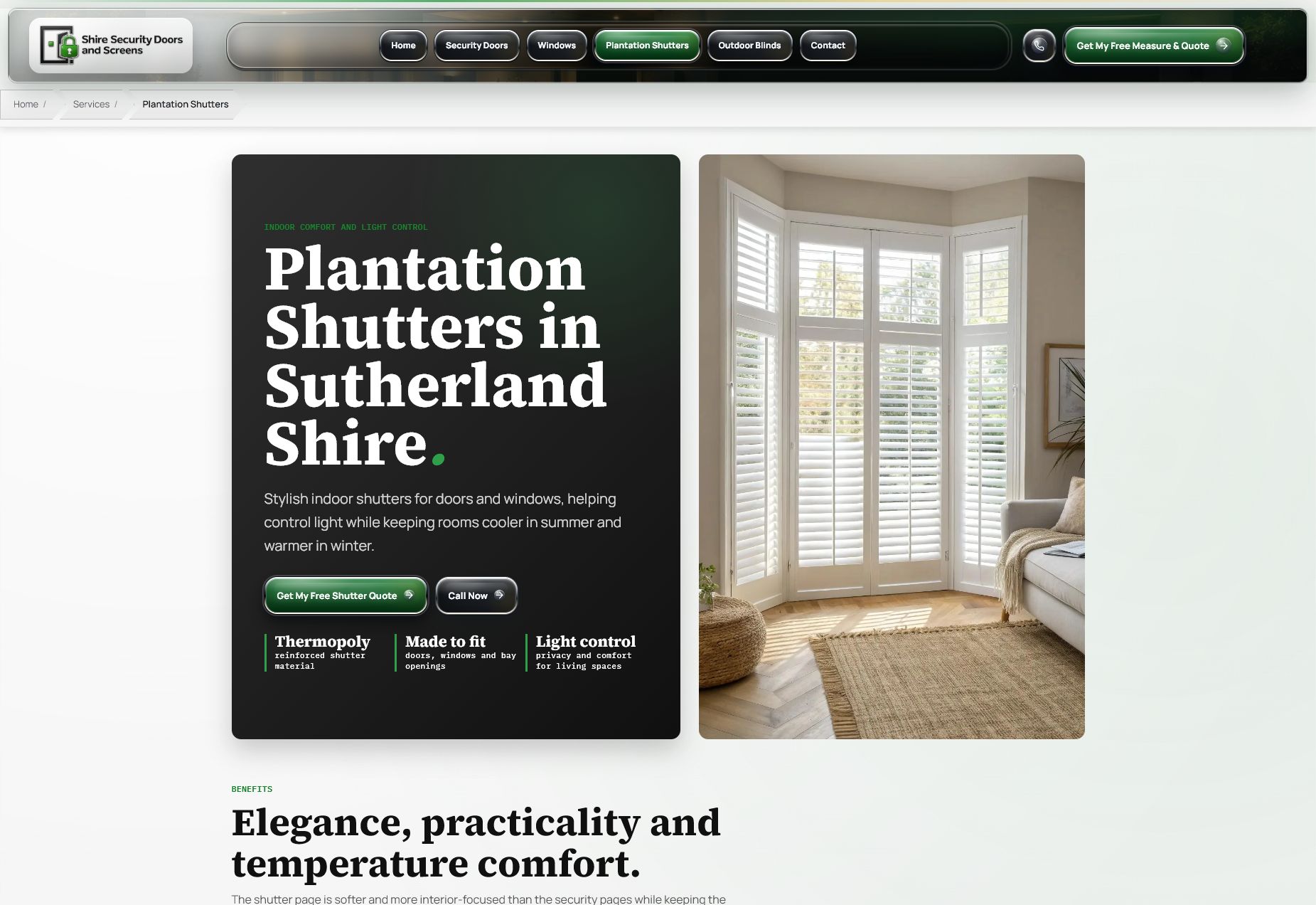 Plantation Shutters service page for Shire Security Doors and Screens.