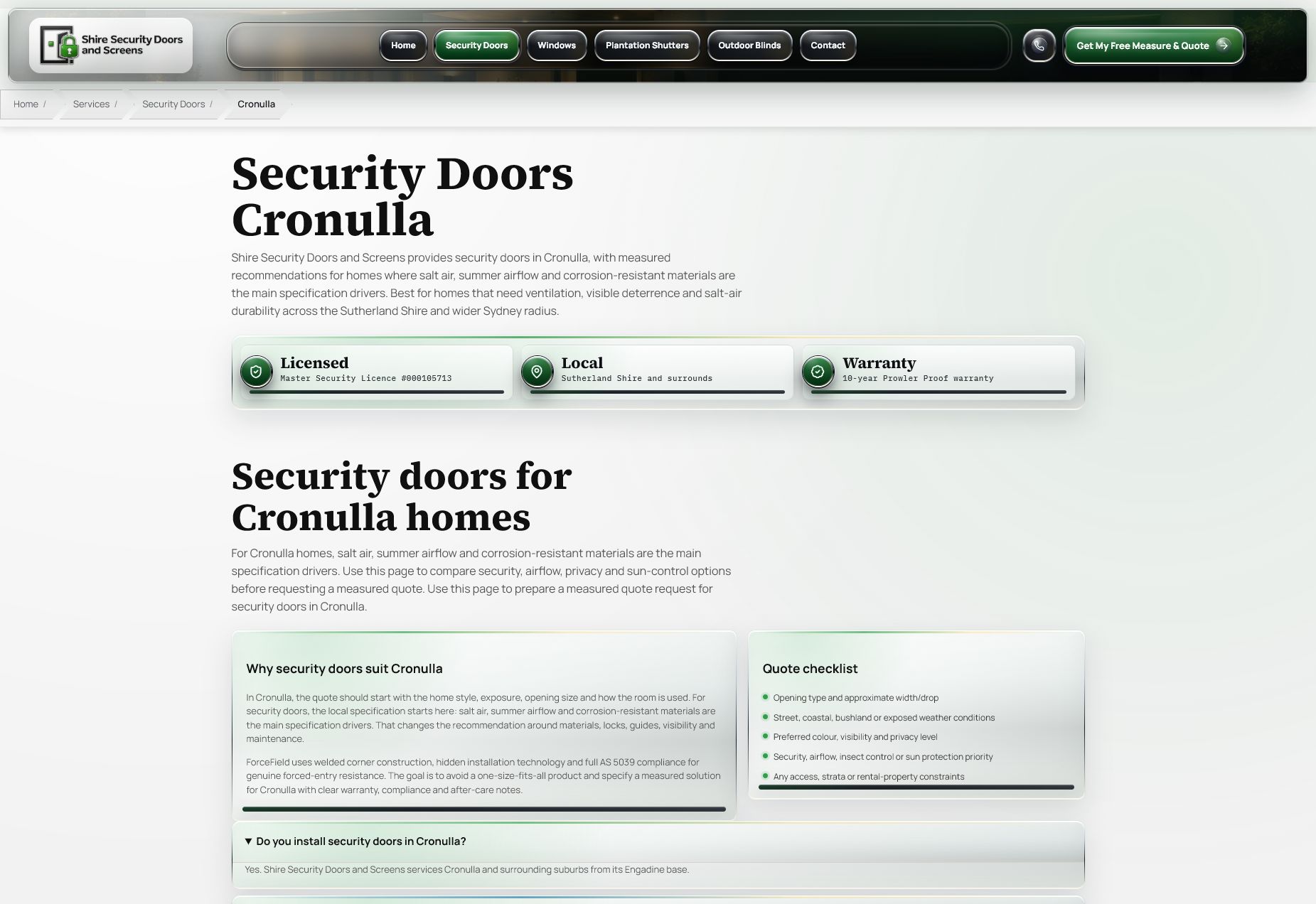 Security Doors Cronulla service-suburb page for Shire Security Doors and Screens.