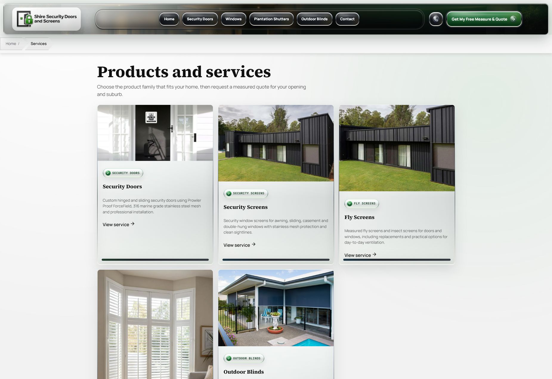 Shire Security Doors and Screens services hub showing all product families.