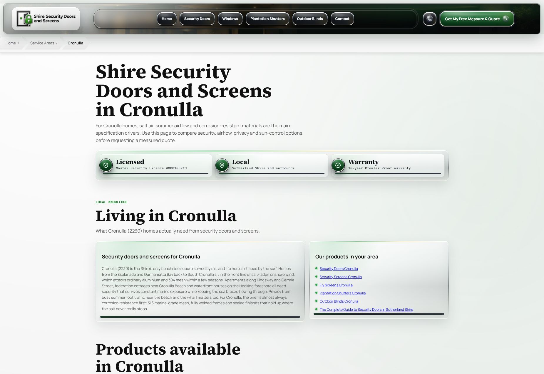 Cronulla suburb page for Shire Security Doors and Screens with local content, trust badges and service links.