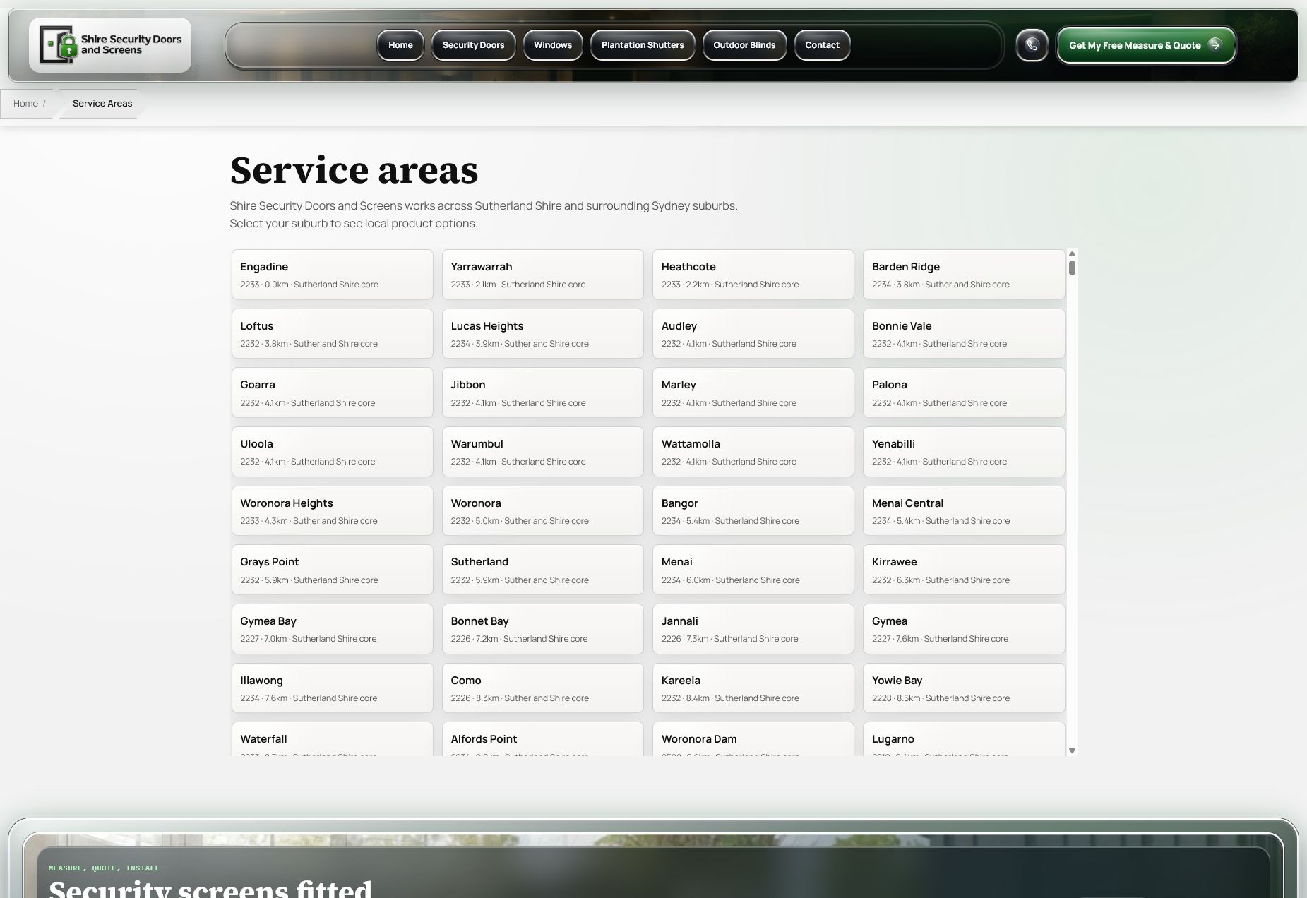 Shire Security Doors and Screens service areas page listing local suburbs.
